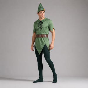 May include: A green tunic with short sleeves, a lace-up neckline, and a brown belt, paired with dark green leggings and a matching pointed green hat with a small orange accent. The outfit features a jagged hemline on the tunic and fitted leggings.