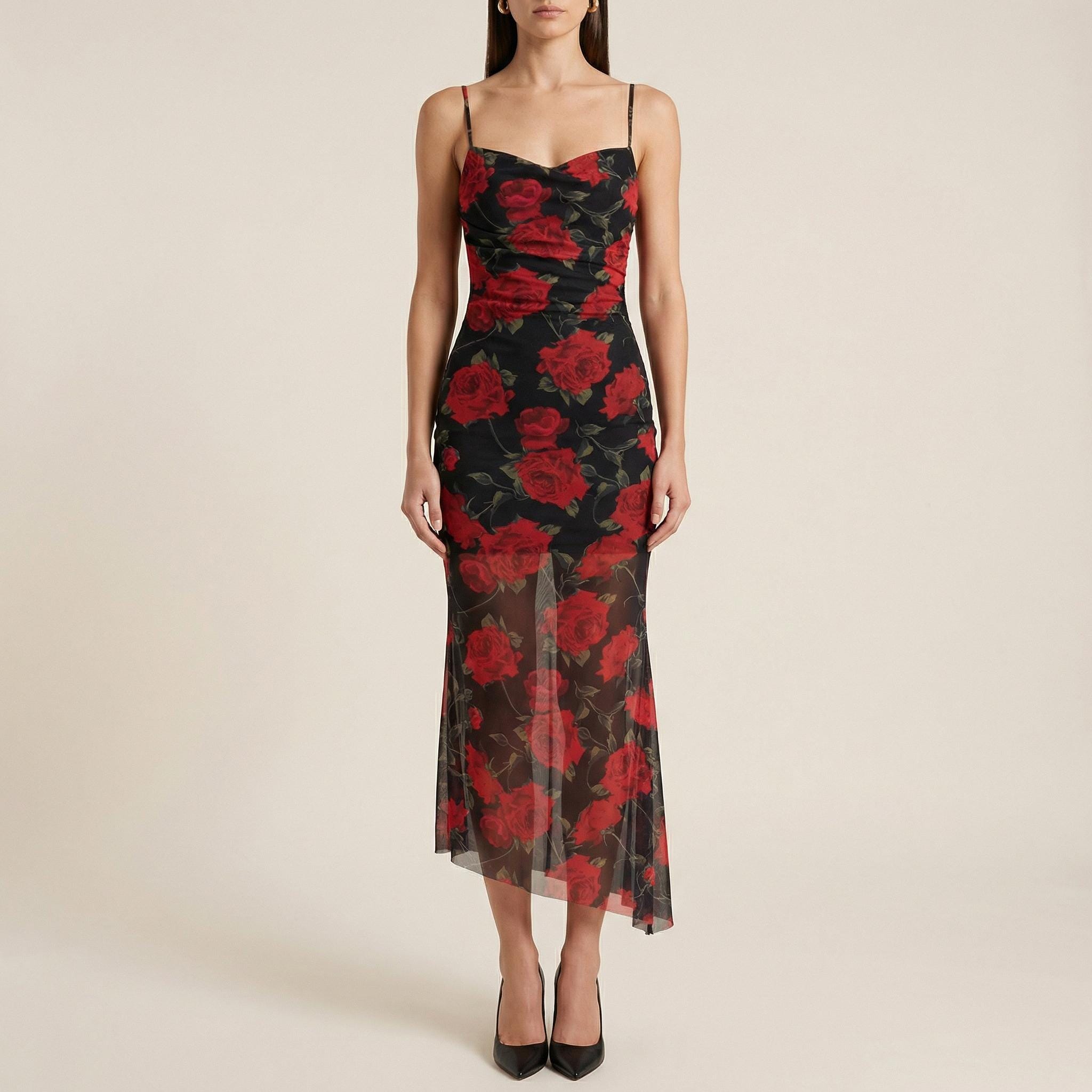 red and black layered mesh dress Black Mesh Long Sleeve Bodycon Dress - All Dresses main image 1