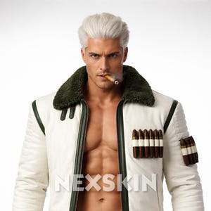 May include: White jacket with green trim and a dark green fur collar. The jacket has a zipper closure and brown accents, including a belt and decorative bullet-shaped details. The word "NEXSKIN" is printed on the jacket.
