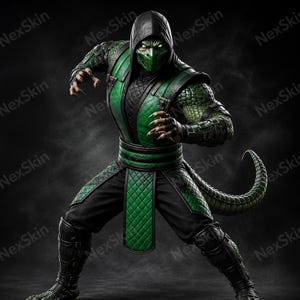 May include: A reptilian humanoid figure wearing a green and black hooded ninja outfit with quilted textures, a face mask, and clawed gloves. The character features glowing green eyes, scaly skin, and a long, thick, segmented tail extending outward.