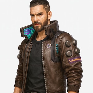 Puede incluir: Chaqueta de cuero marrón con cuello alto y múltiples tachuelas decorativas. La chaqueta tiene un parche morado que dice "to PARADOS". La persona lleva una camisa negra y pantalones oscuros, sosteniendo una pistola negra.