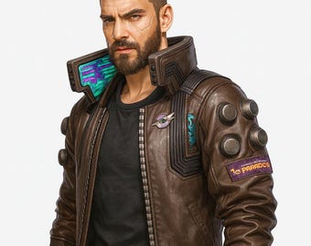 Giacca in pelle realizzata a mano ispirata a Samurai V con colletto a LED.