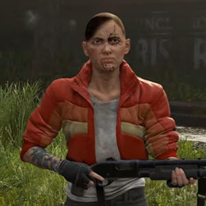 May include: A person wearing a red and orange jacket, a grey shirt, and black gloves, holding a black shotgun. The person has a tattoo on their arm and marks on their face. The background is blurred with green grass and a building.