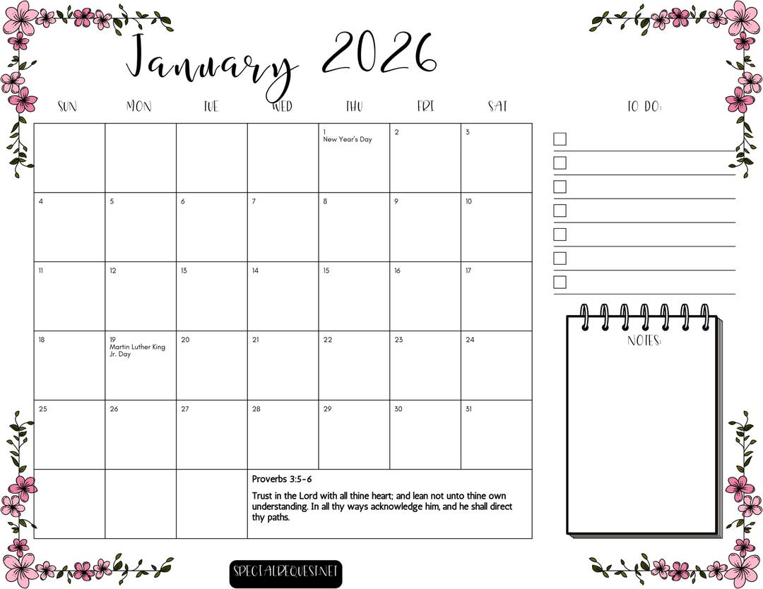 2026 Printable Floral Bible Verse Calendar | Monthly Scripture | To-do ...