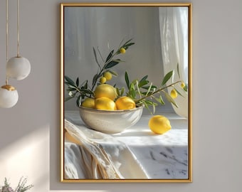 Mediterrane Zitronen Leinwand Druck, Olivenzweig, Küchen Wandkunst