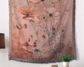 Boho Floral Woven Blanket, Terracotta & Dusty Rose Tapestry