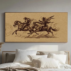 ヴィンテージカウボーイスタンプキャンバスプリント、モノクロウエスタンアート