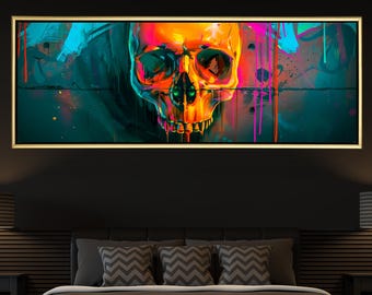 Arte en lienzo con grafiti de calavera de neón, estilo urbano, decoración de pared enmarcada