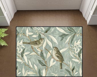 Willow & Wrenフロアマット、ウィリアムモリス風ラグ、セージクリームボタニカルデザイン、アーツ＆クラフツの高耐久エレガントホームデコレーション
