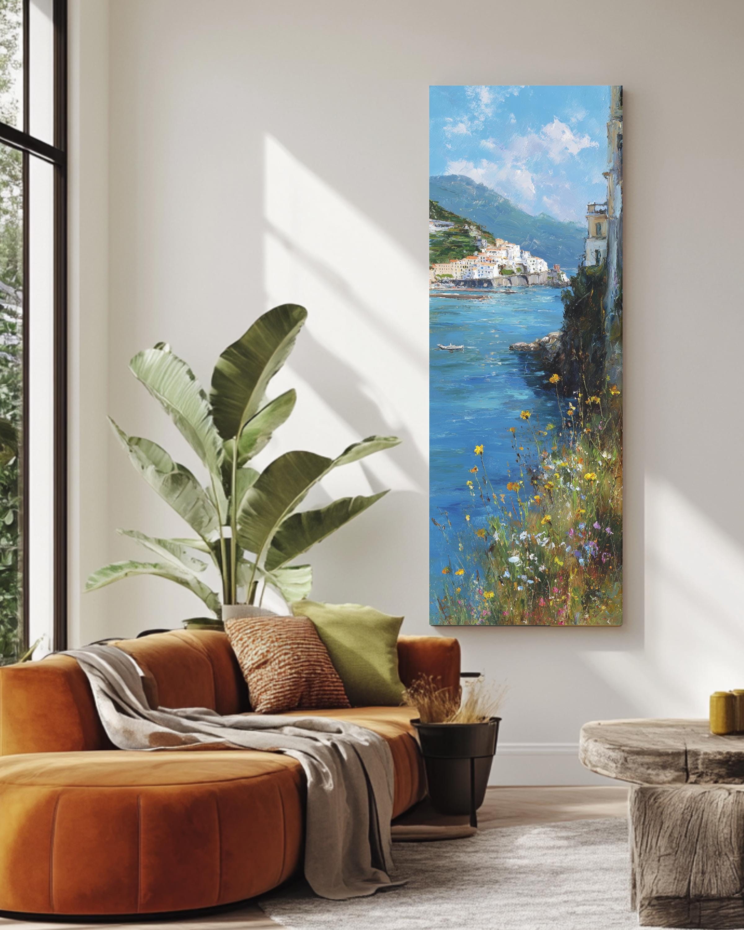 Cliffside Spring Vertical Amalfi Coast Oil Painting, Impressionist Cliffside Spring Wall ...