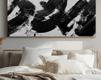 Panoramic Black and White Abstract Canvas, Bold Brush Strokes, High Contrast Modern Art, Wide Wall Decor