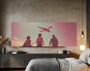 Retro 1970s Airplane Canvas | Vintage Photo of Women Watching Cyclists, Grainy Pink & Red Print, Modern Wall Art Decor