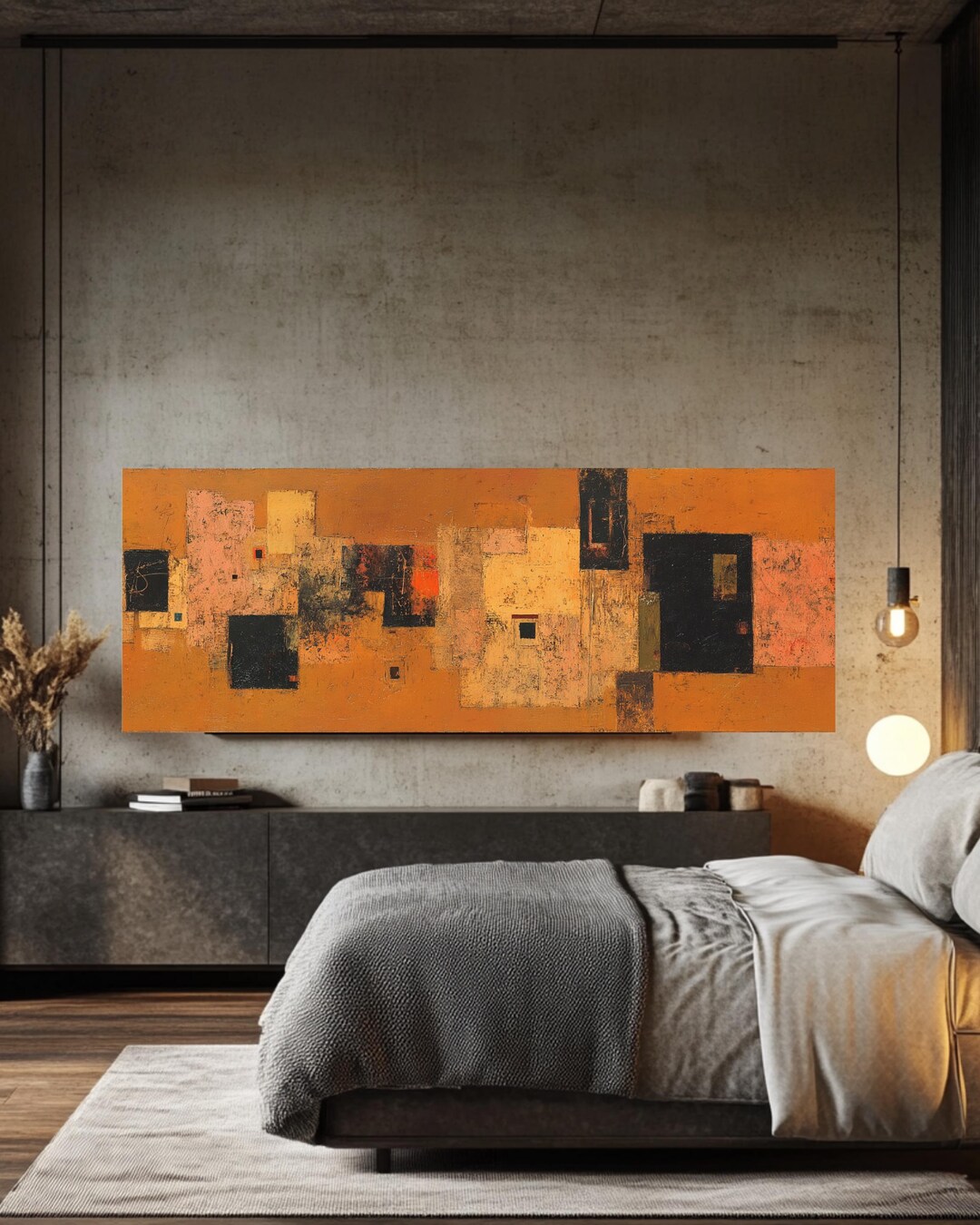 Panoramic Abstract Oil Painting Canvas, Brown and Orange Geometric Art ...