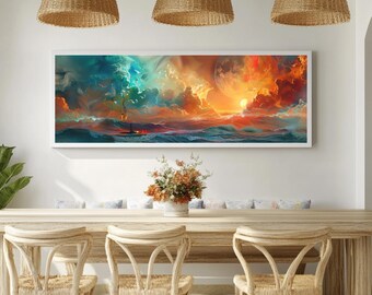Panoramic Surreal Dreamscape Canvas Art, Wide Floating Fantasy Scene, Vivid Colors, Enigmatic Wall Decor