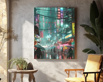 Cyberpunk Market District Canvas Art – Neon City Street Scene with Androids, Futuristic Sci-Fi Wall Art