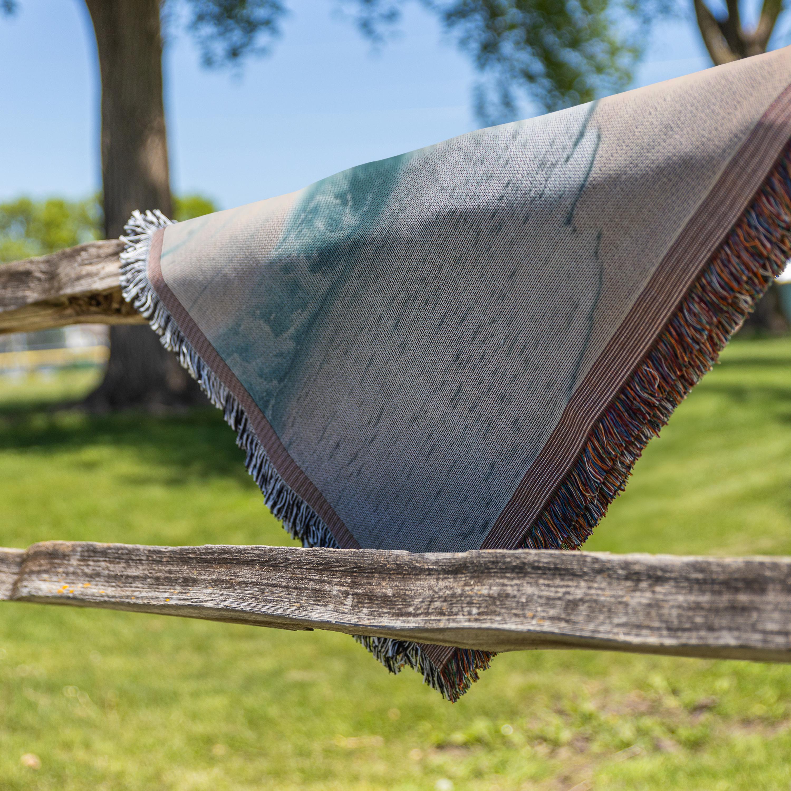 Serene Coastal Horizon Woven Blanket, Pastel Ocean Waves Tapestry