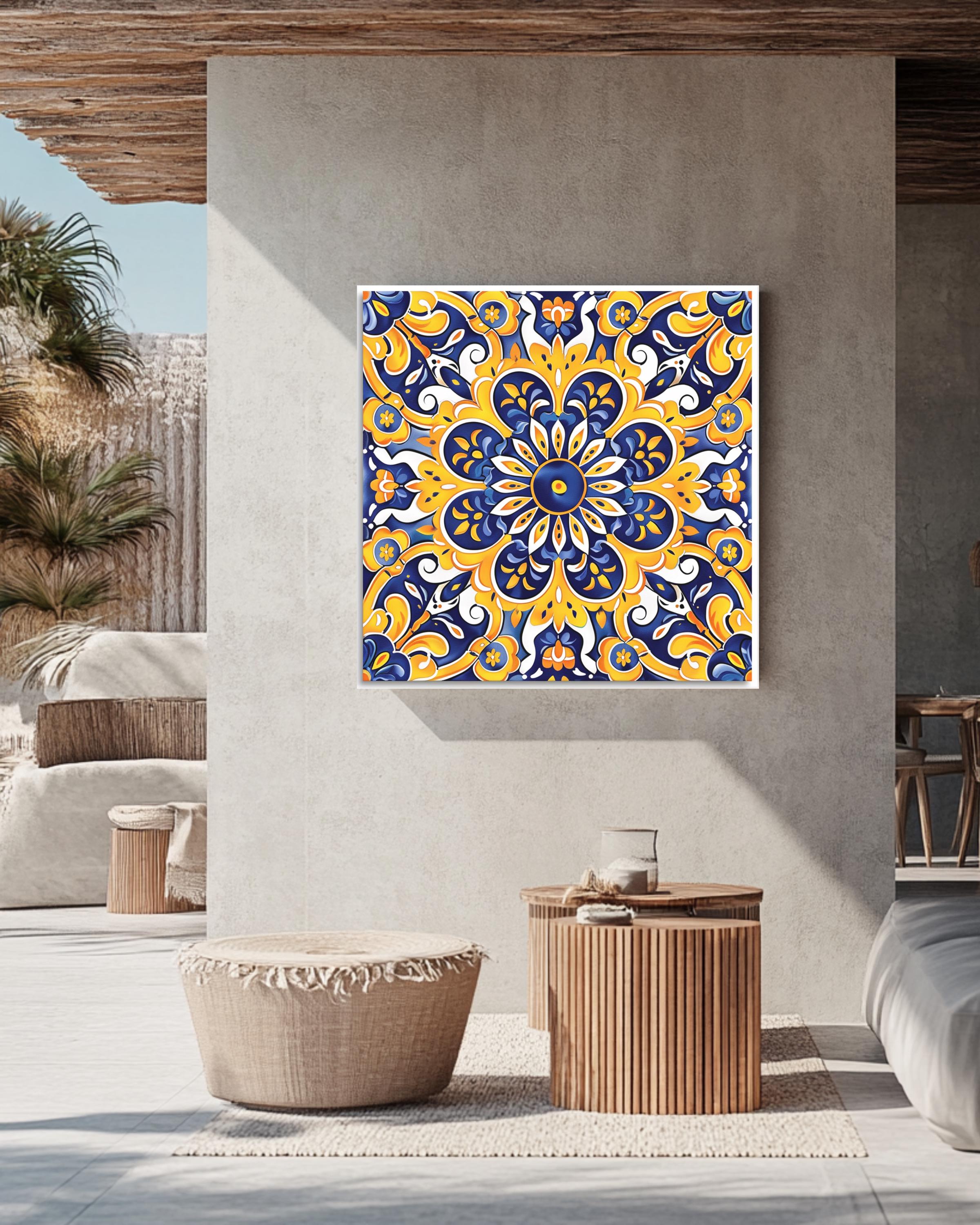 Talavera Tile Canvas Print, Mexican Folk Art, Cobalt Blue and