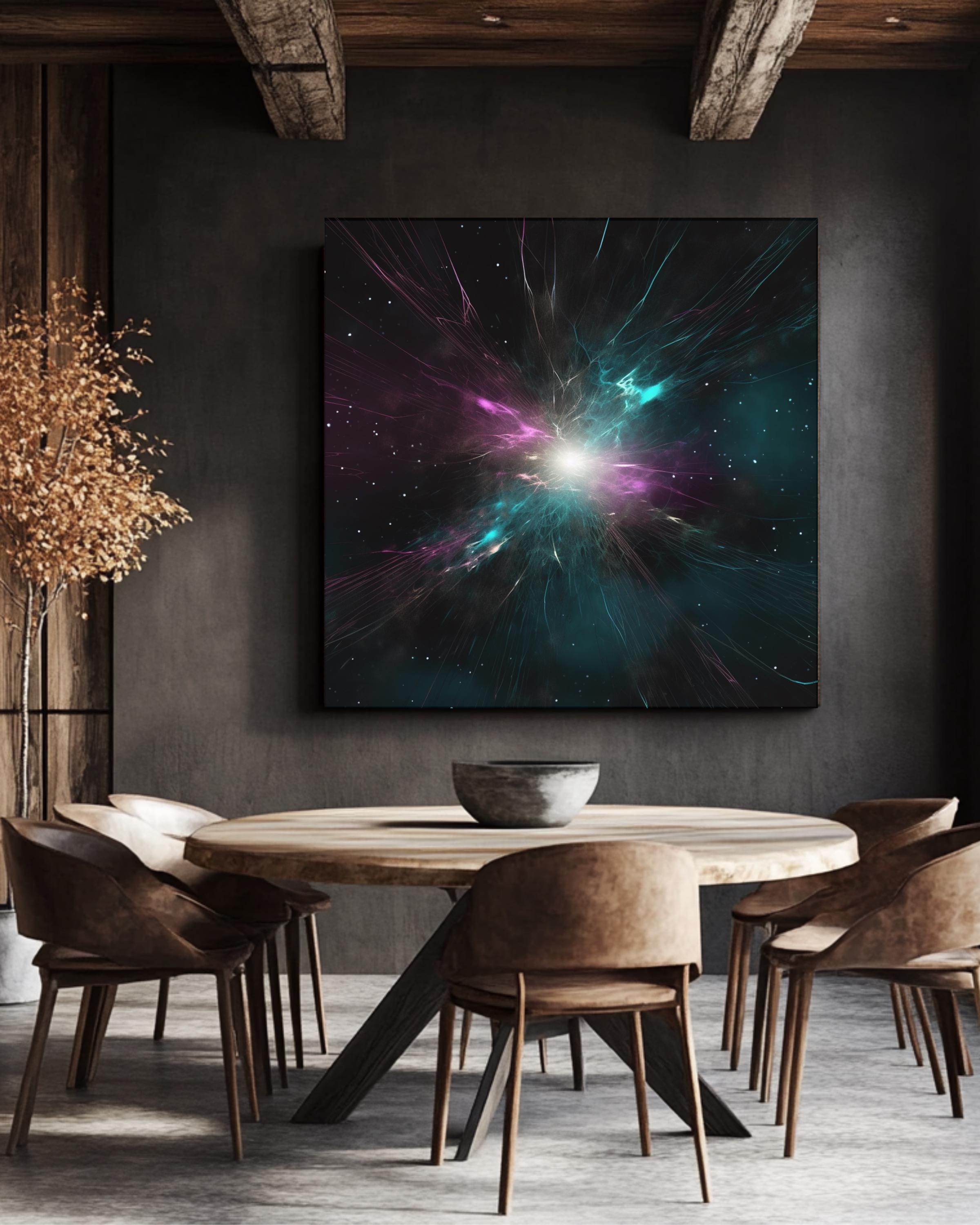 Abstract Galaxy Canvas Print, Teal & Magenta Cosmic Dust, Metallic