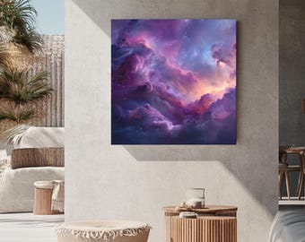 May include: A square canvas print depicting a vibrant nebula in shades of purple, pink, and gold. The artwork is mounted on a neutral-colored wall, creating a focal point in a modern outdoor living space. The print's colors contrast with the natural wood and neutral tones of the furniture.