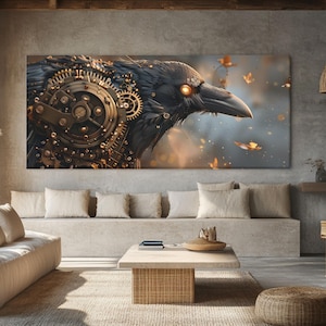May include: A large rectangular canvas print featuring a detailed raven with mechanical gears integrated into its feathers. The raven has glowing orange eyes and is set against a blurred, golden background with floating leaves. The artwork is displayed in a modern living room.