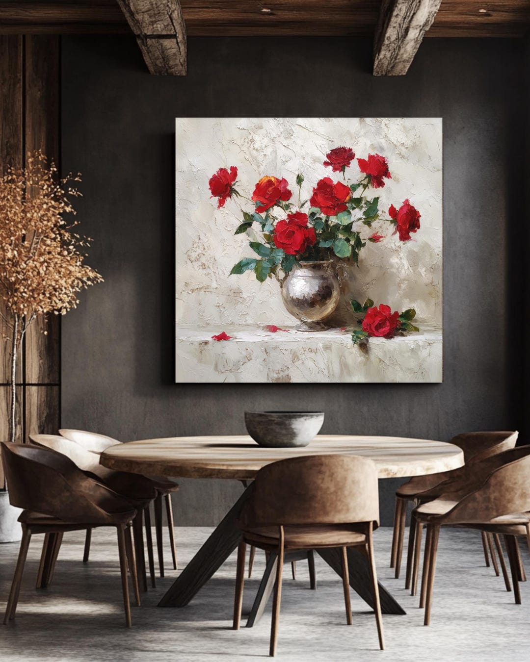 Red Roses Still Life Oil Painting, Vintage Floral Wall Art in Silver ...