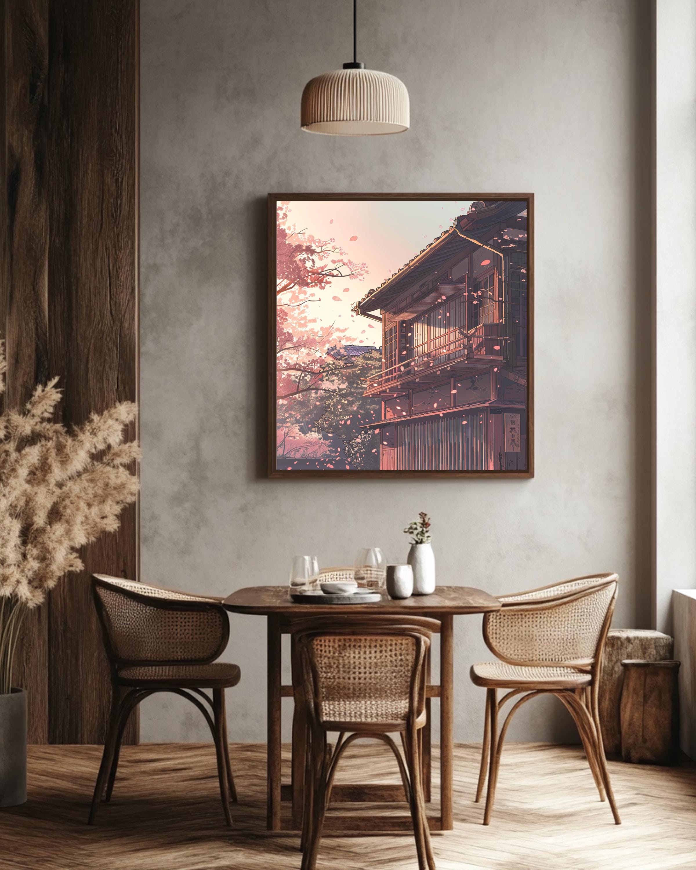 Japanese Tea House Canvas Art, Tokyo Exterior With Falling Sakura