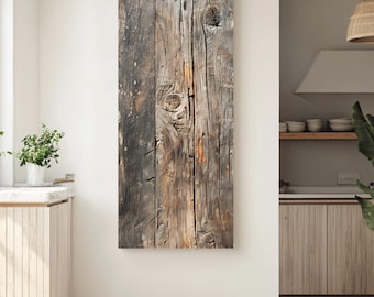 May include: Vertical wooden panel with a rustic, weathered appearance. The panel features a mix of gray, brown, and tan tones, with visible wood grain, knots, and cracks. The overall aesthetic suggests a reclaimed wood or farmhouse style.