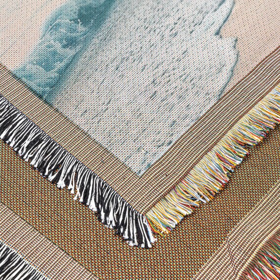 Serene Coastal Horizon Woven Blanket, Pastel Ocean Waves Tapestry