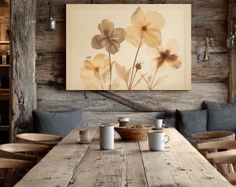 Arte su tela orizzontale botanica con fiori pressati, fiori secchi da erbario vintage, decorazioni naturali in tonalità seppia tenue
