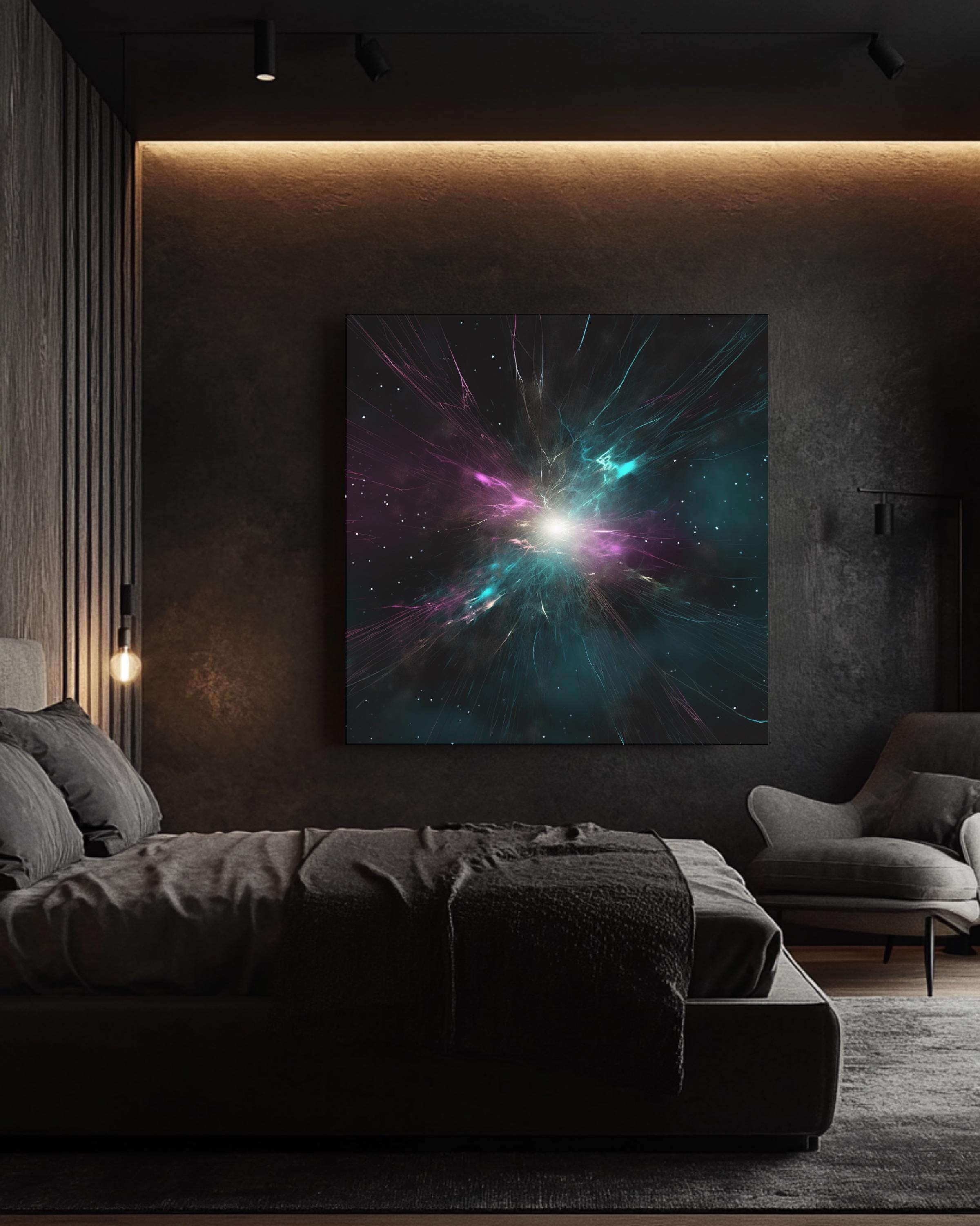Abstract Galaxy Canvas Print, Teal & Magenta Cosmic Dust, Metallic
