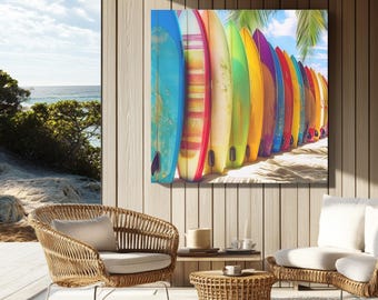 Beach Surfboard Canvas Art, Colorful Surfboards in Sand, Sunny Coastal Wall Decor, Modern Beach House Art