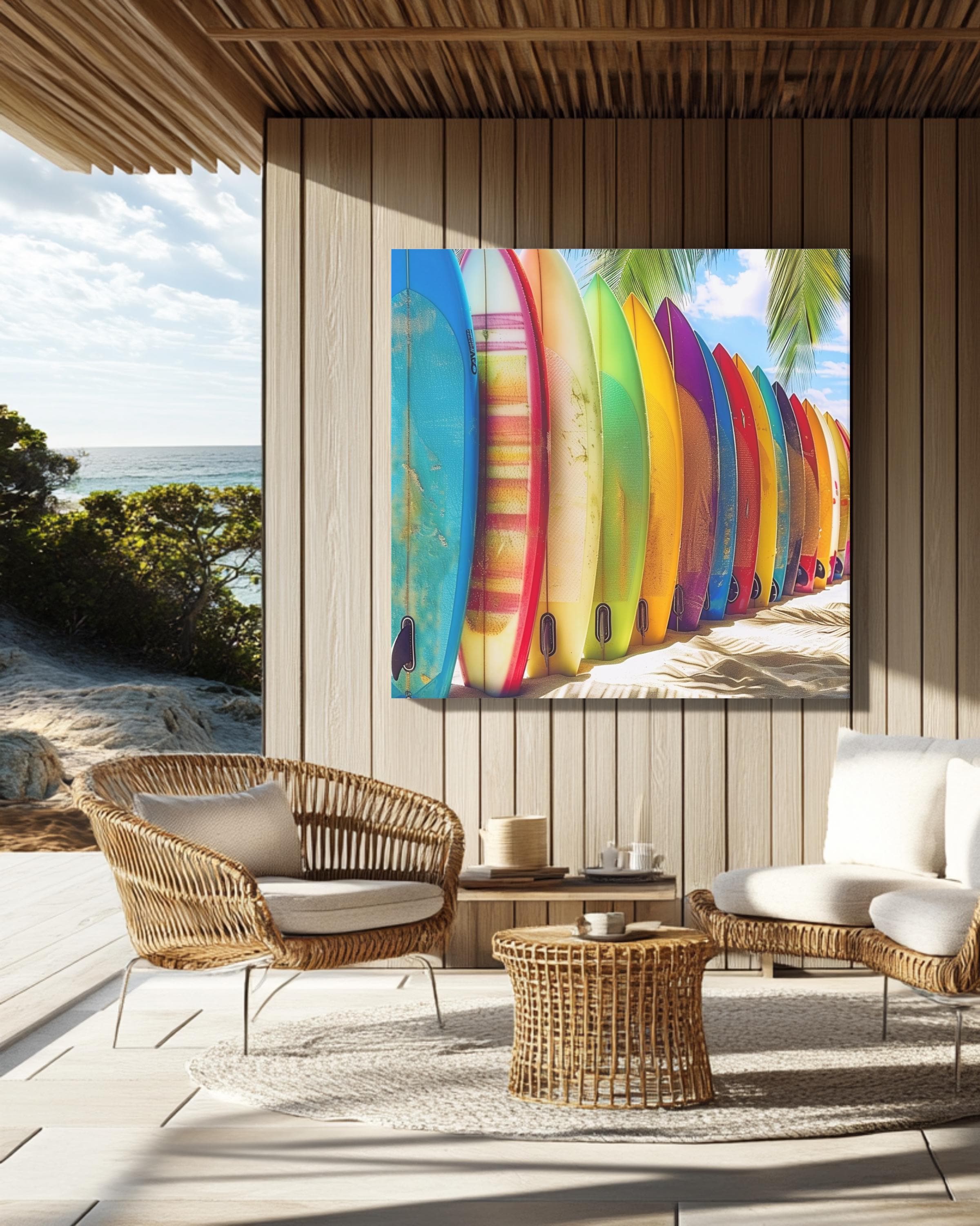 Beach Surfboard Canvas Art, Colorful Surfboards in Sand, Sunny