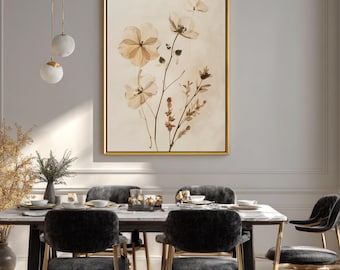 Gepresste botanische Blumen Leinwandkunst, Vintage Herbarium Collage, getrocknete Blumenmuster, Sepia Natur Wanddekor