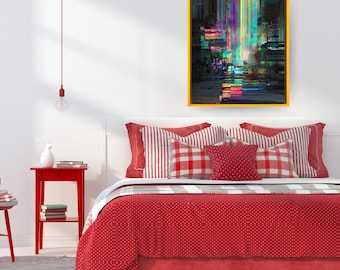 Glitch Art Abstract Canvas, Cyberpunk Neon Wall Art