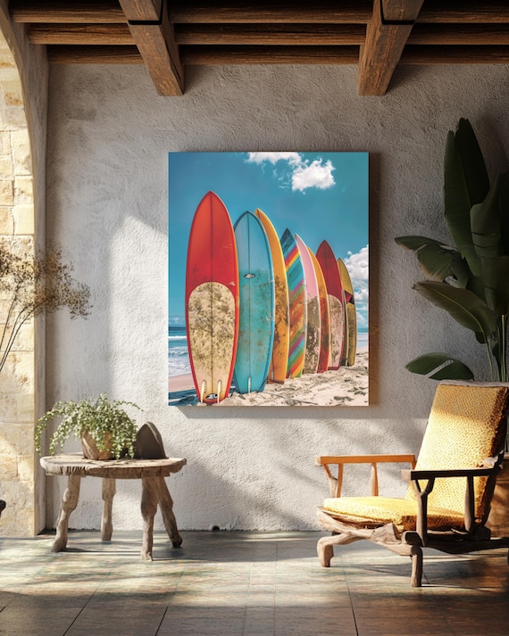 Colorful Surfboard Canvas Wall Art, Beach Surf Decor, Sunny