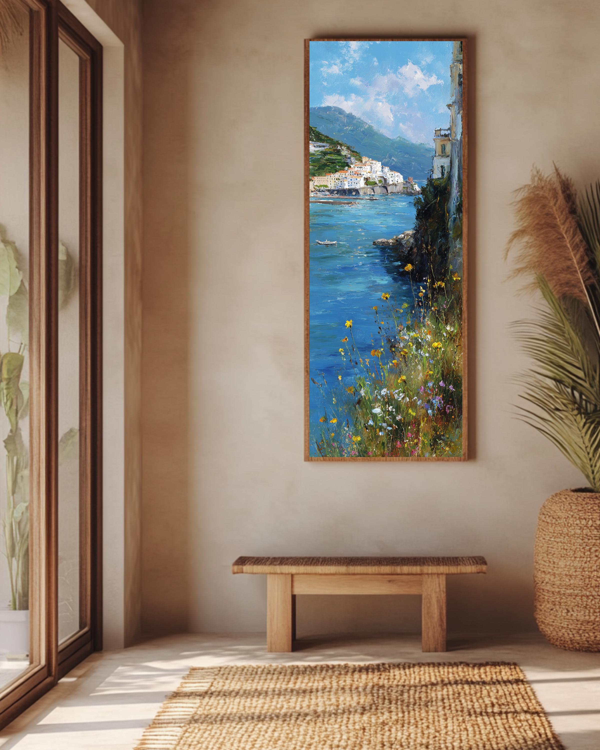 Cliffside Spring Vertical Amalfi Coast Oil Painting, Impressionist Cliffside Spring Wall ...