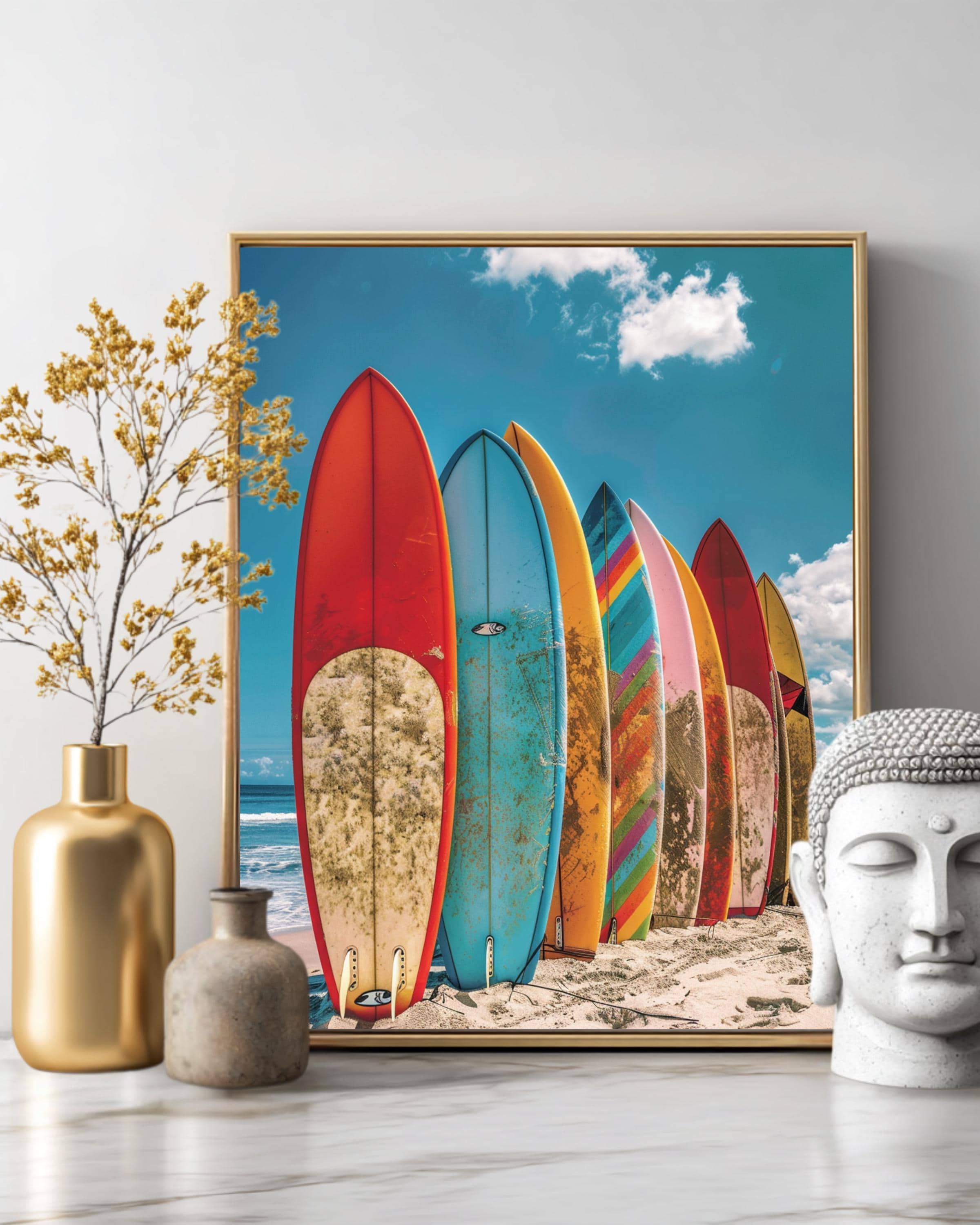 Colorful Surfboard Canvas Wall Art, Beach Surf Decor, Sunny