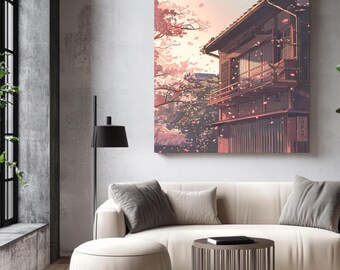 Japanese Tea House Canvas Art, Tokyo Exterior With Falling Sakura