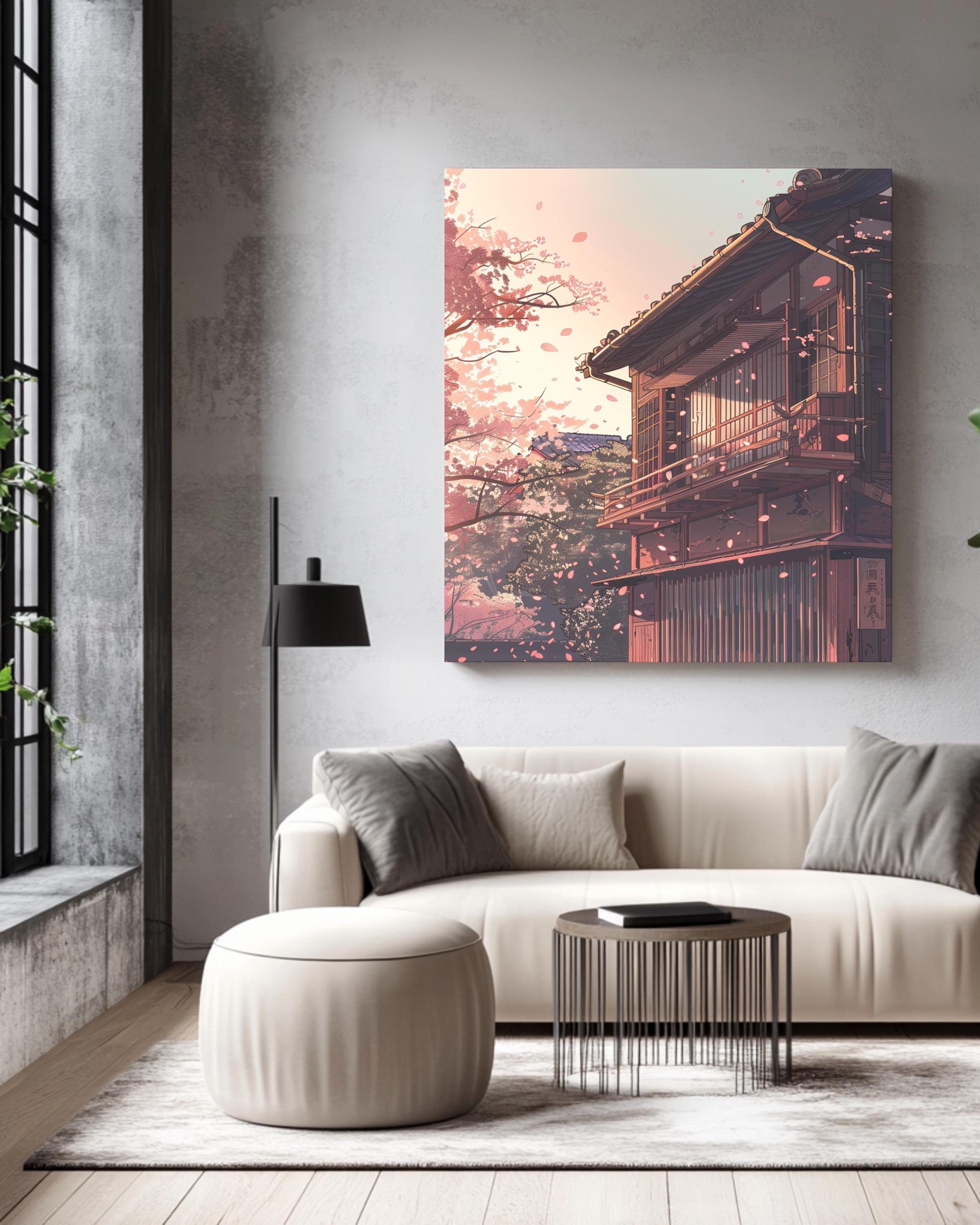 Japanese Tea House Canvas Art, Tokyo Exterior With Falling Sakura