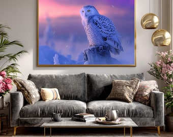 Horizontal Snowy Owl Canvas Wall Art, Winter Owl at Twilight, Cinematic Wildlife Art Print, Nature Wall Decor