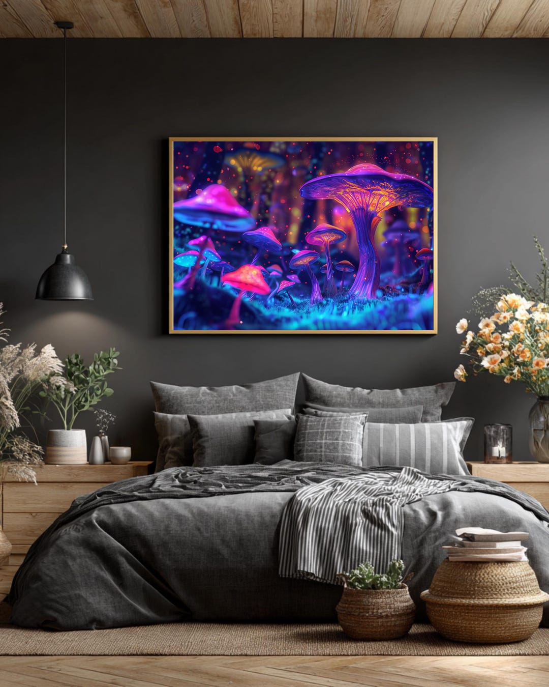 Psychedelic Mushroom Forest Horizontal Canvas, Neon Fungi Wall Art ...