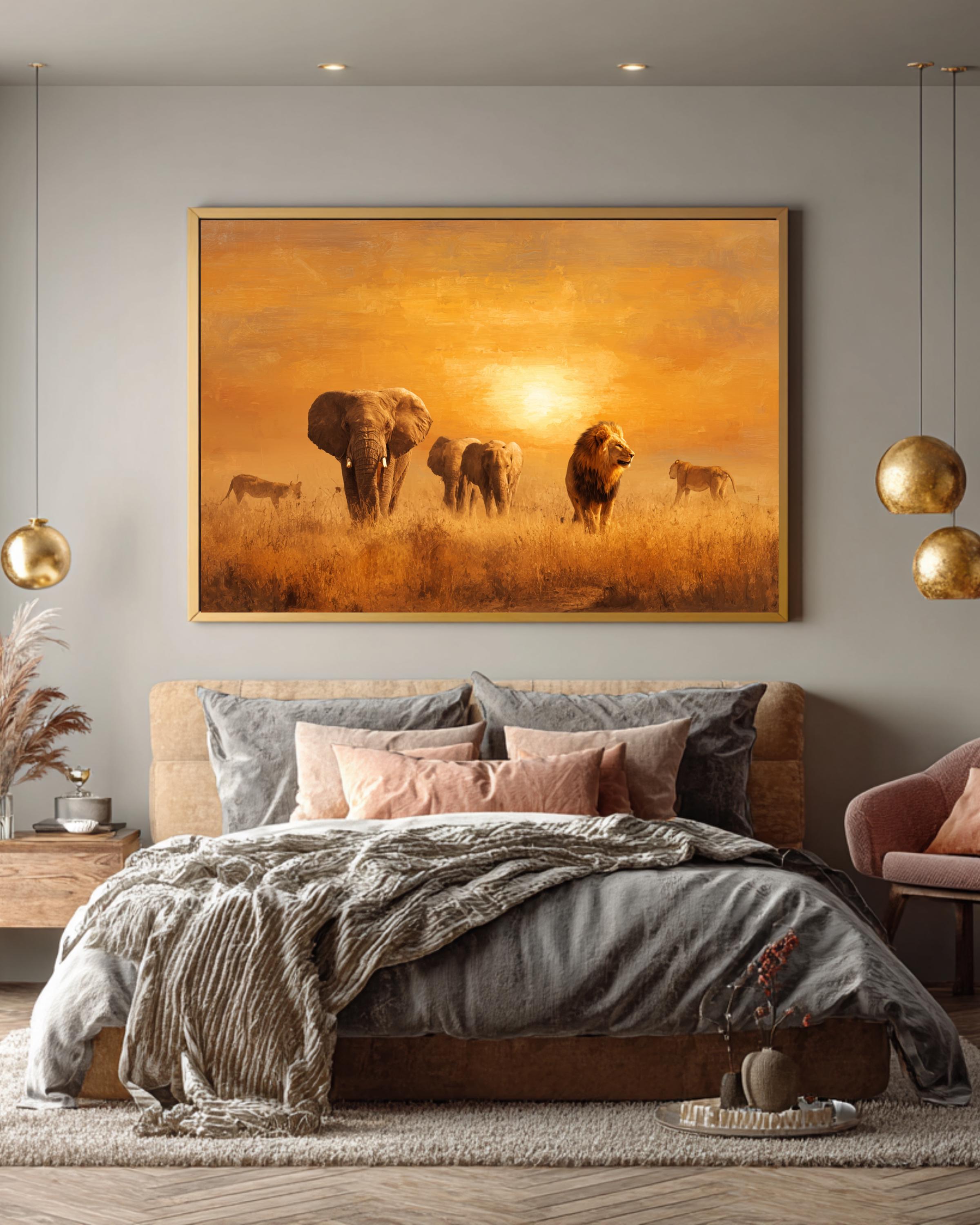 Horizontal Safari Wildlife Canvas | Elephants & Lions in Golden