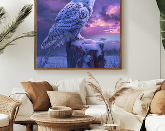 Snowy Owl Wall Art Canvas, Frosty Winter Owl at Twilight, Purple Blue Sky Wildlife Art, Realistic Owl Home Decor