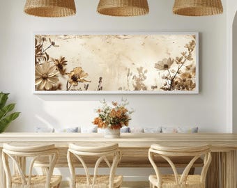 May include: A dining room scene featuring a long wooden table with three woven chairs. Above the table are three woven pendant lights. A framed floral print hangs on the wall, and a vase of flowers sits on the table.