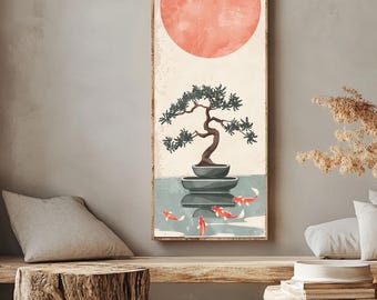Japanese Zen Tall Wall Art, Minimalist Bonsai Tree and Koi Fish Canvas, Soft Pastel Decor