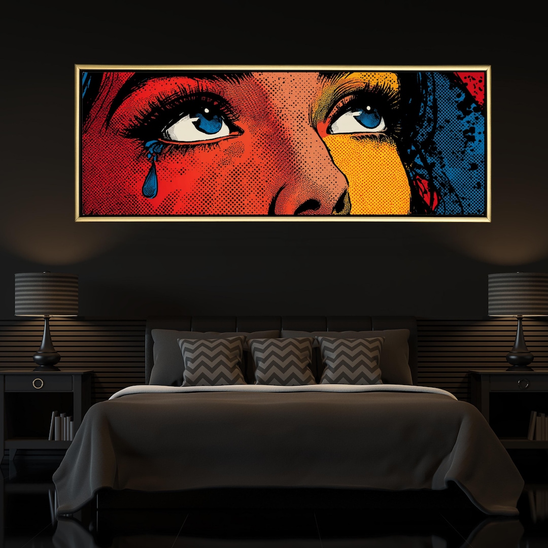 Pop Art Woman Canvas, Emotional Close-up, Halftone Comic Print