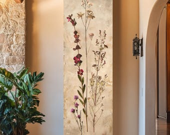 Stampa su tela alta con fiori botanici pressati, collage floreale essiccato con erbario vintage, elegante stampa murale color seppia
