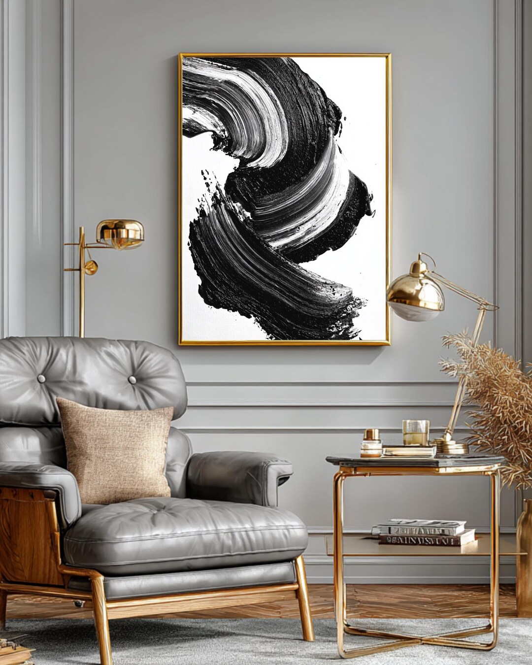 Black and White Abstract Canvas Wall Art, Bold Brush Stroke Painting ...