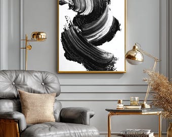 Zwart-wit abstracte canvas muurkunst, gedurfde penseelstreek, moderne minimalistische kunst, decor met hoog contrast