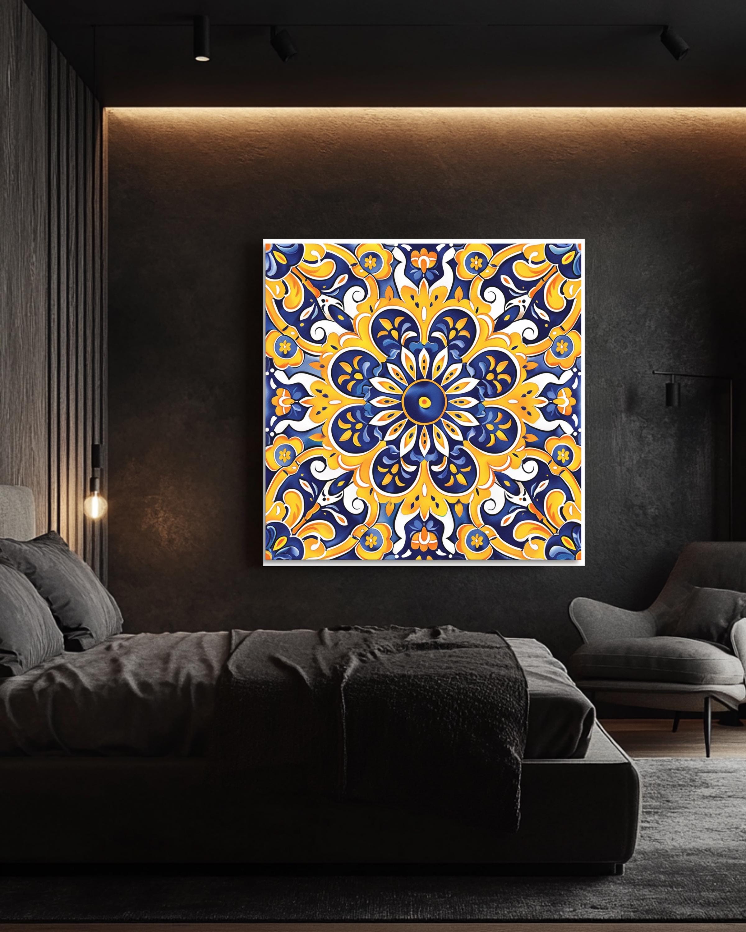 Talavera Tile Canvas Print, Mexican Folk Art, Cobalt Blue and
